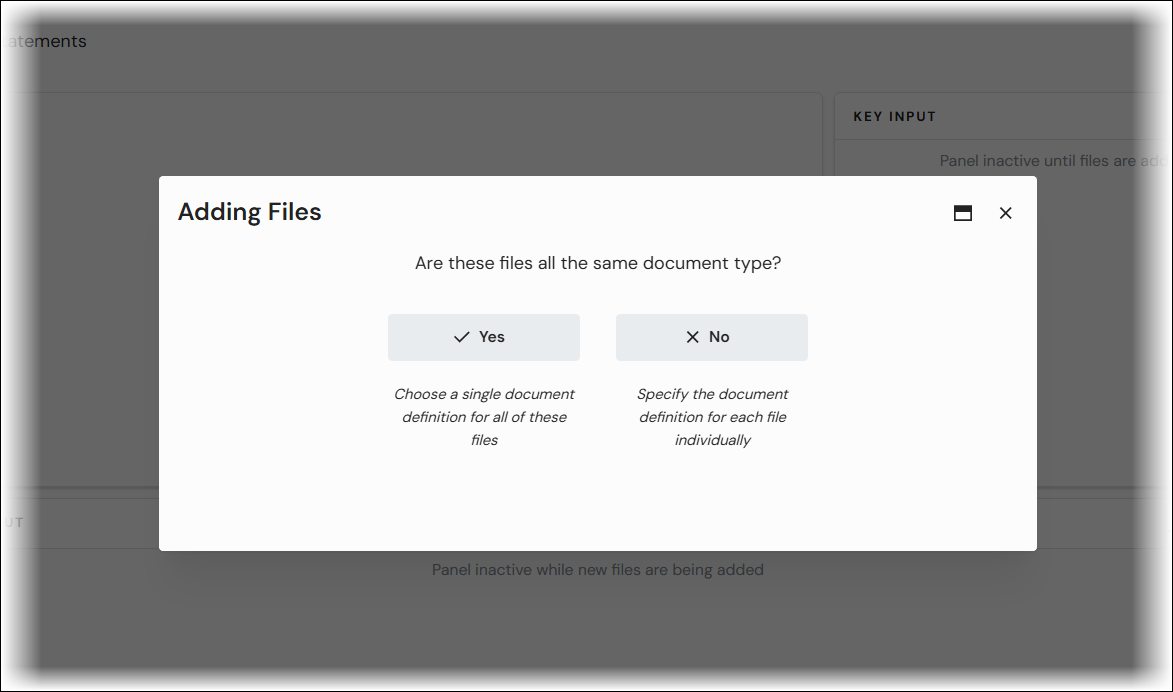 The Adding Files popup window that asks the user to click Yes or No to specify whether all files are the document type.